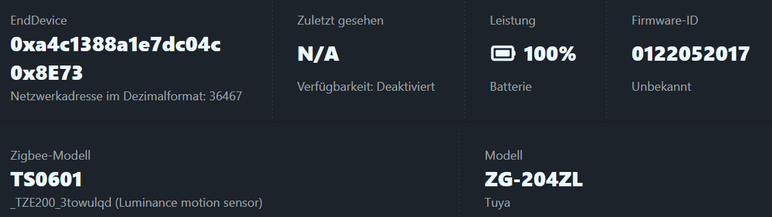Home Assistant Info zu Tuya ZG-204ZL